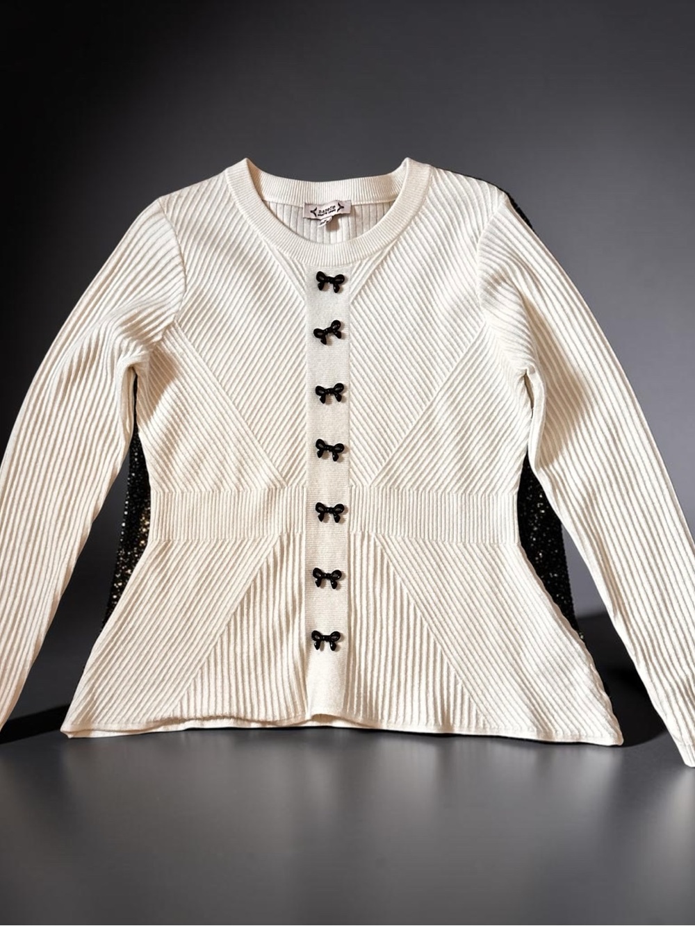 Adorable sweater - Cream Ribbed Knit with black bow details - Size M.